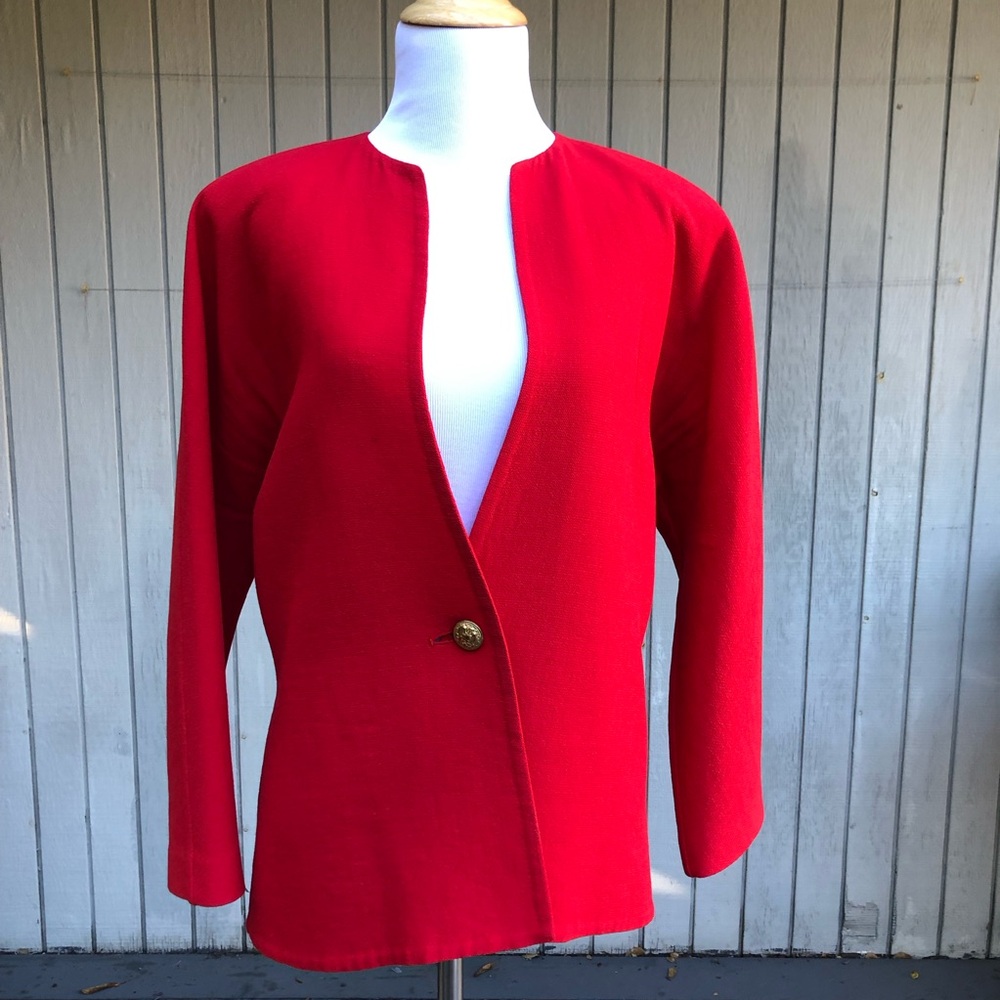 Carolyne Roehm Neiman Marcus Wool Collarless One Button Bright Red Blazer 10